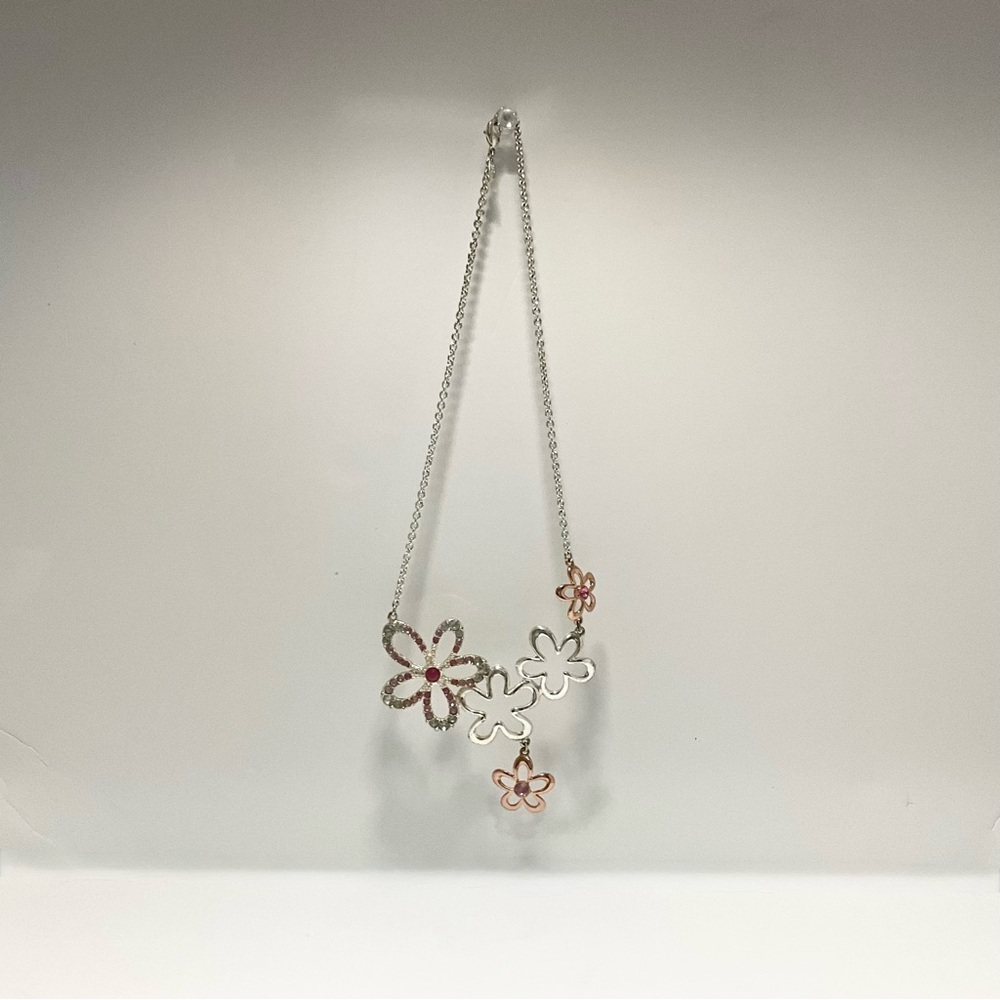 SAQ Floral Rhinestone 17 1/2" Necklace with Extension Silver Tone Pink